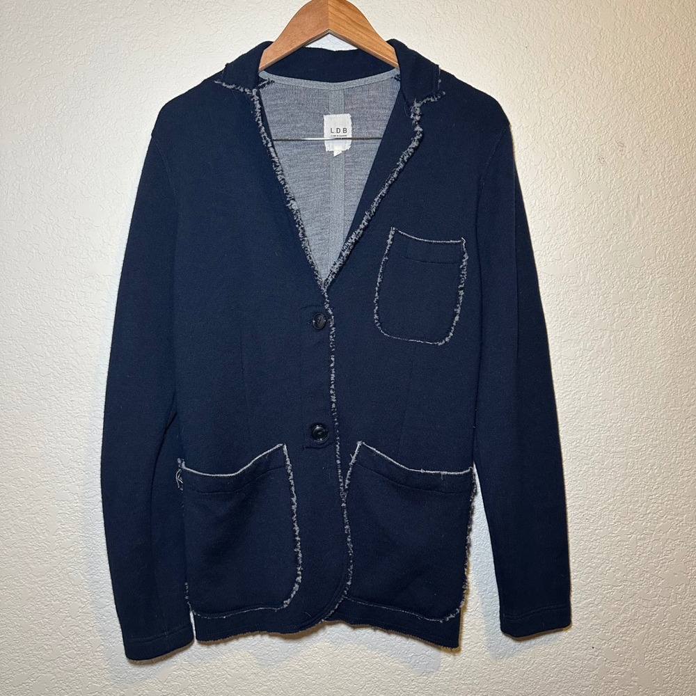 LDB Womens XL Blazer Jacket 100% Merino Wool Navy Blue Boho Tweed Patch Pockets